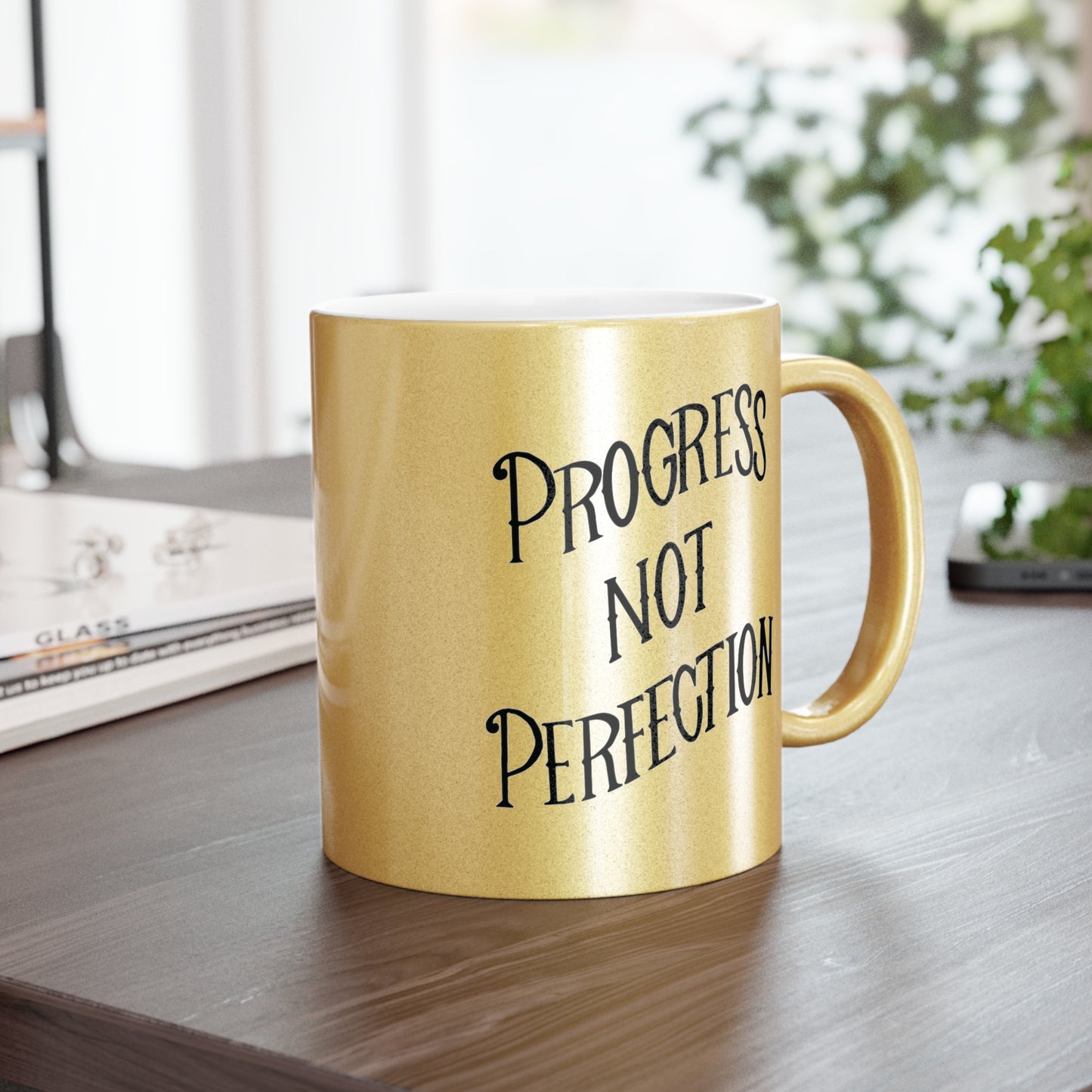 Progress Not Perfection Metallic Coffee Mug, 11oz in Silver or Gold, Motivational Mug for Artists, Entrepreneurs Neurospicy, ADHD, Cup for Makers + Doers
