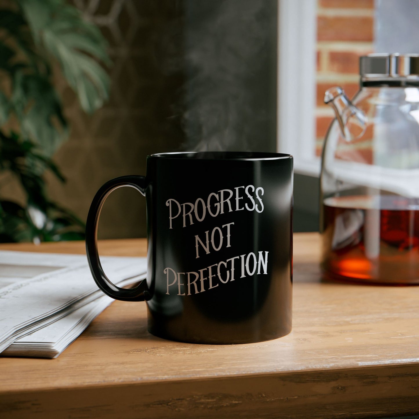 Progress Not Perfection Black Coffee Mug, 11oz or 15oz, Black & White Motivational Mug for Artists, Entrepreneurs Neurospicy, ADHD, Cup for Makers + Doers