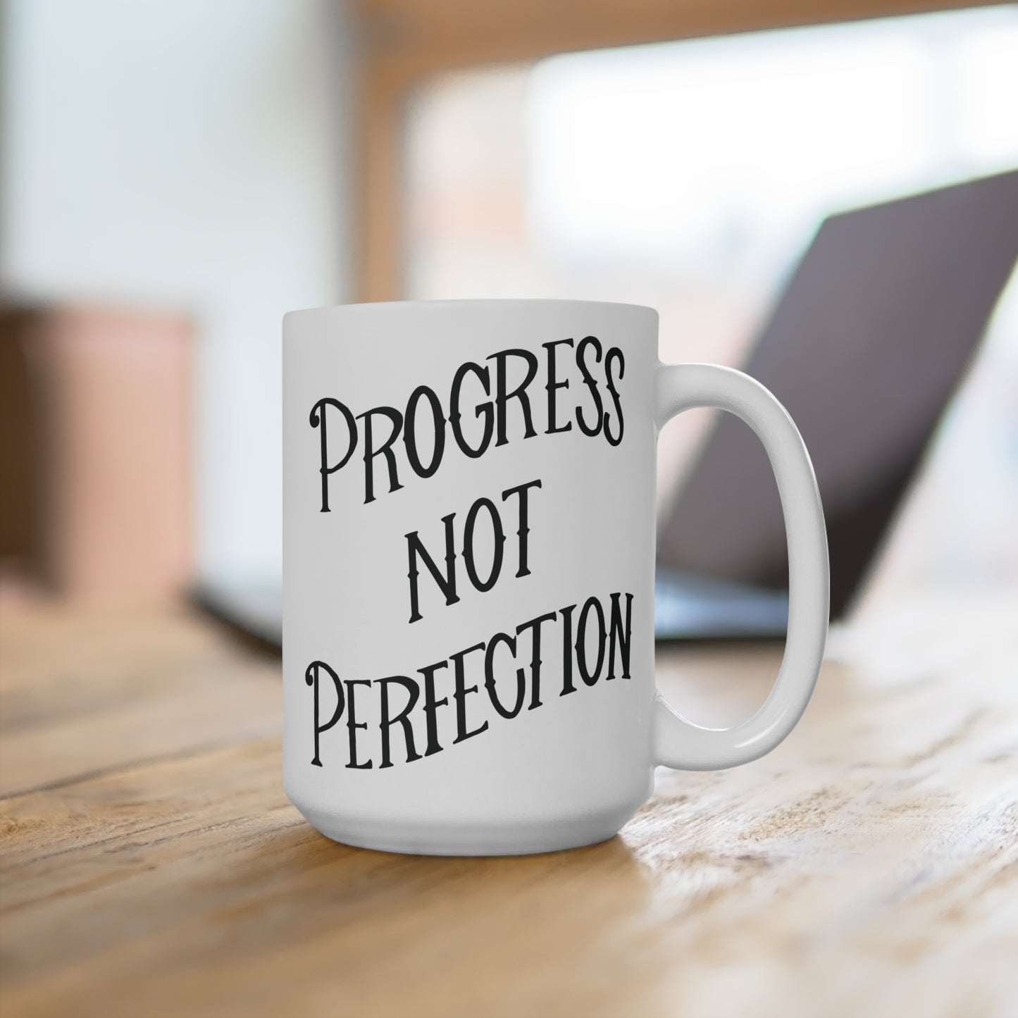 Progress Not Perfection Coffee Mug, 11oz or 15oz, Black & White Motivational Mug for Artists, Entrepreneurs Neurospicy, ADHD, Cup for Makers + Doers
