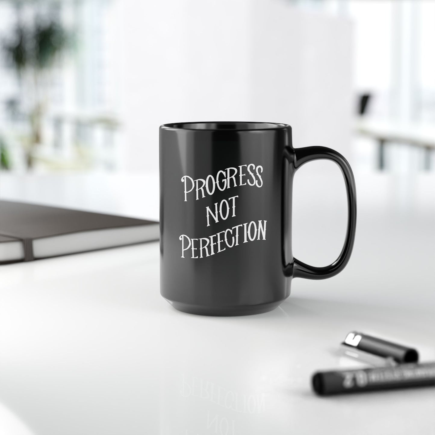 Progress Not Perfection Black Coffee Mug, 11oz or 15oz, Black & White Motivational Mug for Artists, Entrepreneurs Neurospicy, ADHD, Cup for Makers + Doers