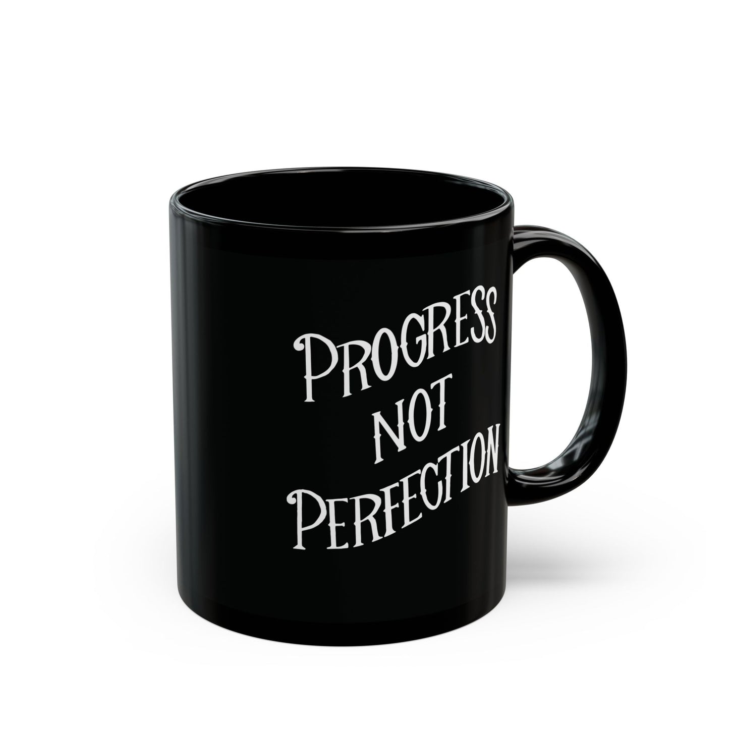 Progress Not Perfection Black Coffee Mug, 11oz or 15oz, Black & White Motivational Mug for Artists, Entrepreneurs Neurospicy, ADHD, Cup for Makers + Doers
