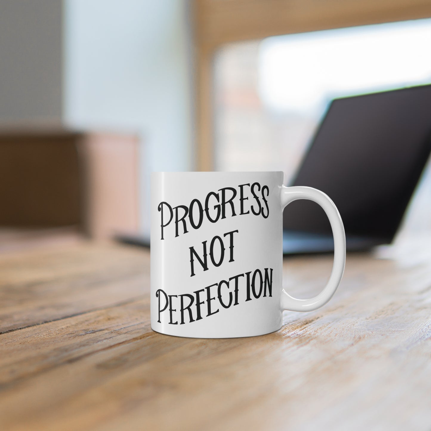Progress Not Perfection Coffee Mug, 11oz or 15oz, Black & White Motivational Mug for Artists, Entrepreneurs Neurospicy, ADHD, Cup for Makers + Doers