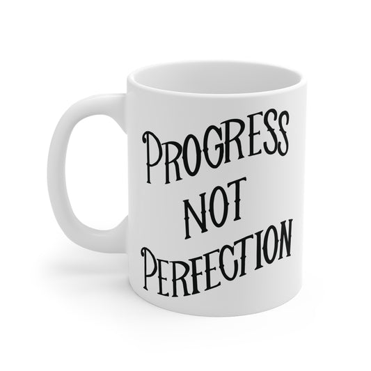 Progress Not Perfection Coffee Mug, 11oz or 15oz, Black & White Motivational Mug for Artists, Entrepreneurs Neurospicy, ADHD, Cup for Makers + Doers