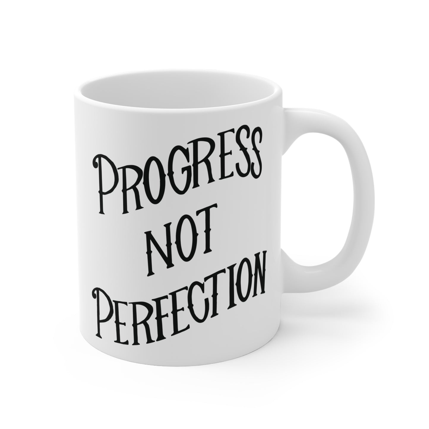 Progress Not Perfection Coffee Mug, 11oz or 15oz, Black & White Motivational Mug for Artists, Entrepreneurs Neurospicy, ADHD, Cup for Makers + Doers